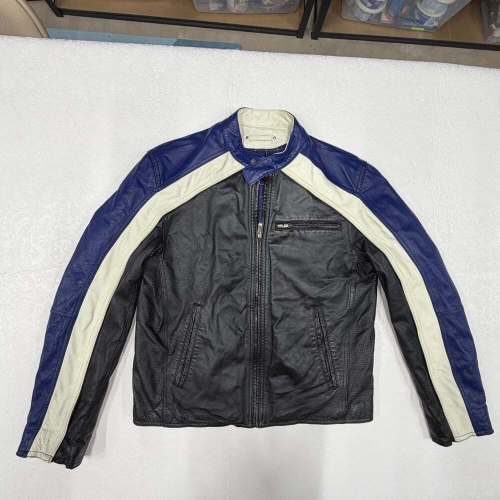 Wilsons M. Julian Jacket Mens Blue White Black Leather Racer Moto Biker Medium